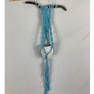 Hand Made Light Blue Macrame Plant Holder with Owl Pot